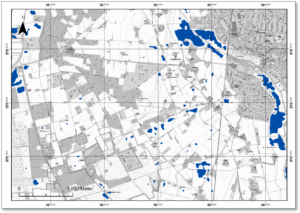 Thematische Karte des Gebiets südwestlich von Epe im November 2023. Feuchte Stellen im Boden sind durch blaue Flecken zu erkennen: Auffällig große Flächen rund um den Fluss Dinkel, sowie größere Flächen westlich des Schwarzbachs und nördlich des Wiefterhooks.