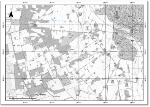 Thematische Karte des Gebiets südwestlich von Epe im November 2023. Feuchte Stellen im Boden sind durch blaue Flecken zu erkennen: Vereinzelte kleinere Flächen zwischen Rottbach und Schwarzbach und bei Hogeland Velve. 